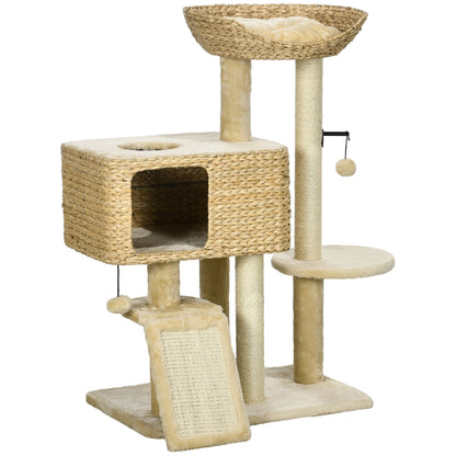 PawHut 95cm Cat Tree Tower for Indoor Cats, with Scratching Post, Cat House, Toy Ball, Platform - Beige