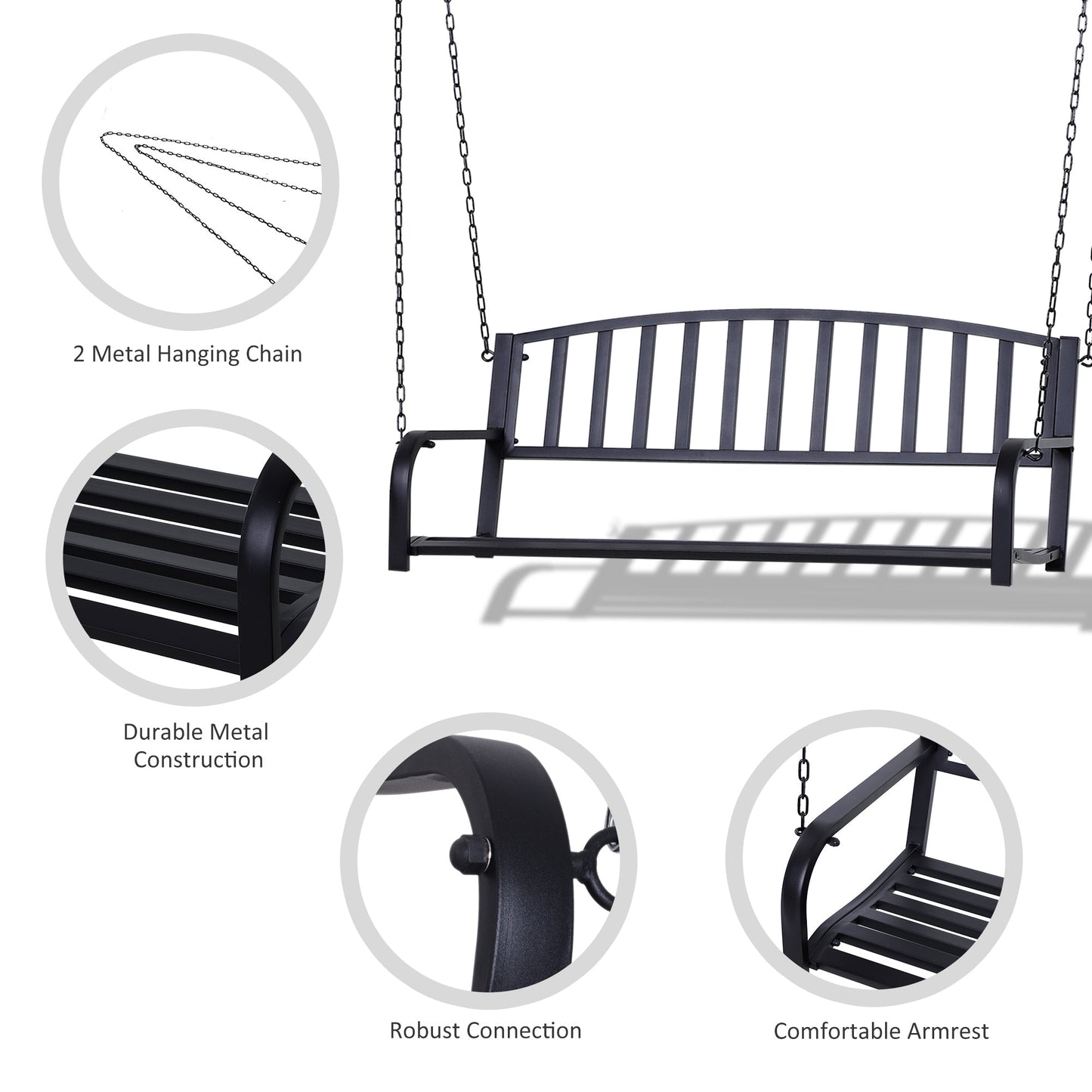 Outsunny Garden Swing Chair Patio Metal 2 Seater Swing Bench Porch Balcony Bench Loveseat Minimalist Style - Black