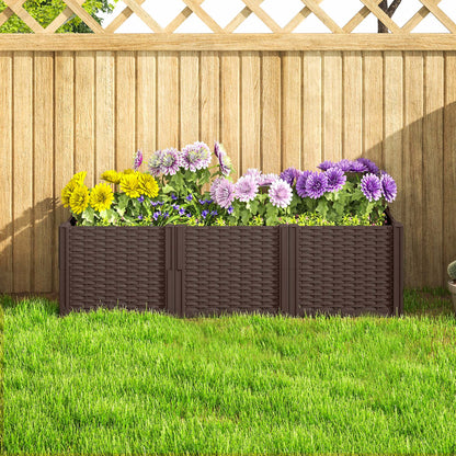 Outsunny Plastikowe podwyższone łóżko ogrodowe, modułowy zestaw skrzynek na rośliny, obrzeże ogrodzenia ogrodowego do kwiatów, warzyw, ziół, brązowe