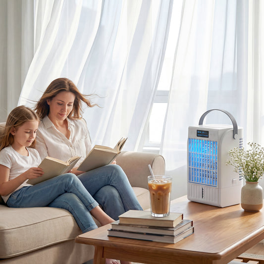 HOMCOM Portable Air Conditioner, 4-in-1 Mini Air Cooler with 4 Wind Speed, 2 Cool Mist, RGB 7 LED Light, White