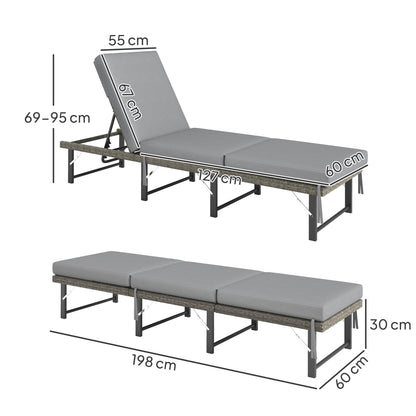 Outsunny Single Folding Rattan Sun Lounger, with Cushion - Grey