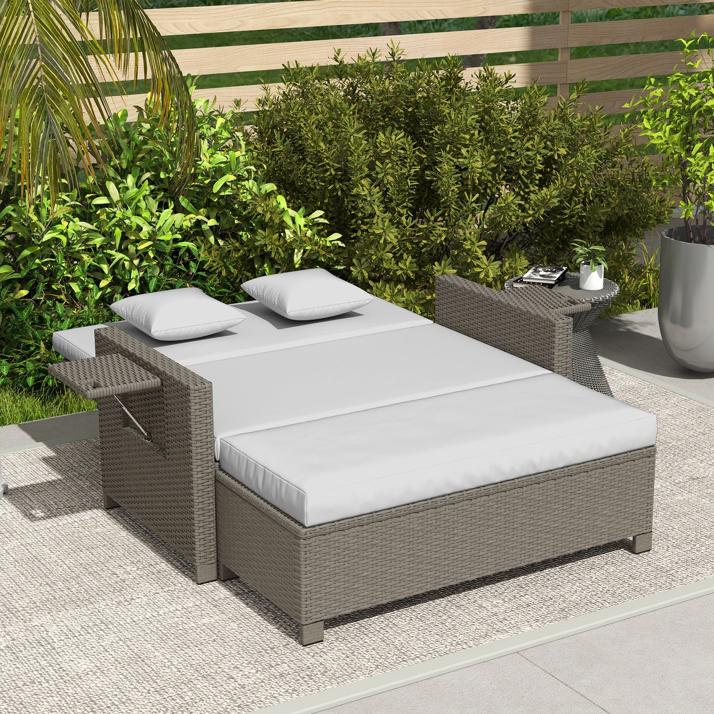 Outsunny Rattan Day Bed, z podnóżkiem - jasnoszary