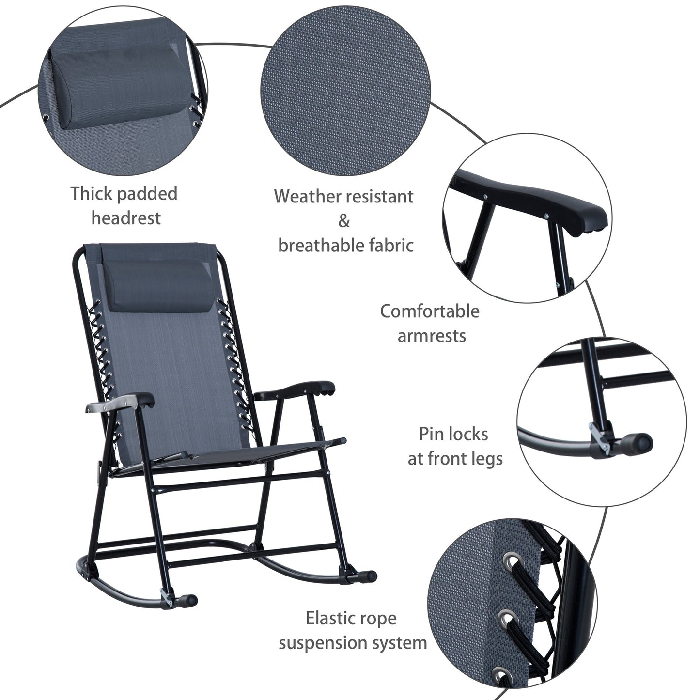 Outsunny 3 Piece Outdoor Rocking Set with 2 Folding Chairs and 1 Tempered Glass Table, Patio Bistro Set for Garden, Deck, Grey