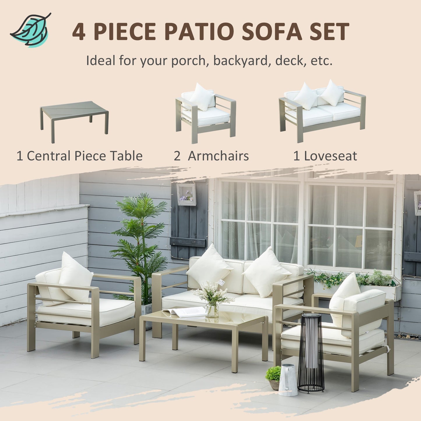 Outsunny 4 Piece Outdoor Garden Furniture Set, Aluminium Frame Backyard Furniture w/ Thick Padded Cushioned Loveseat Glass Top Table Champagne Gold