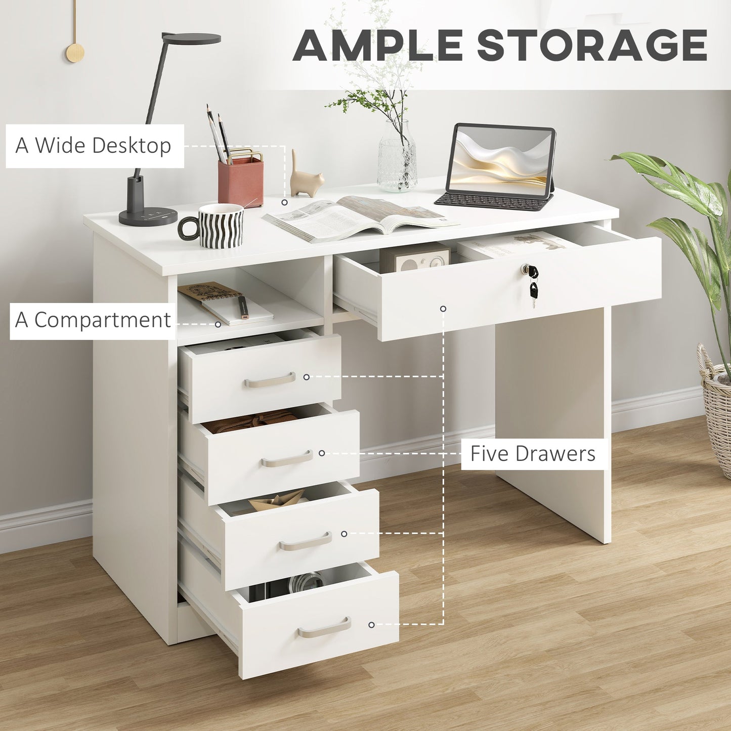 HOMCOM Computer Desk, Home Office Desk with Lockable Drawer, Storage Shelf for Study Bedroom, 110 x 50 x 76 cm, White