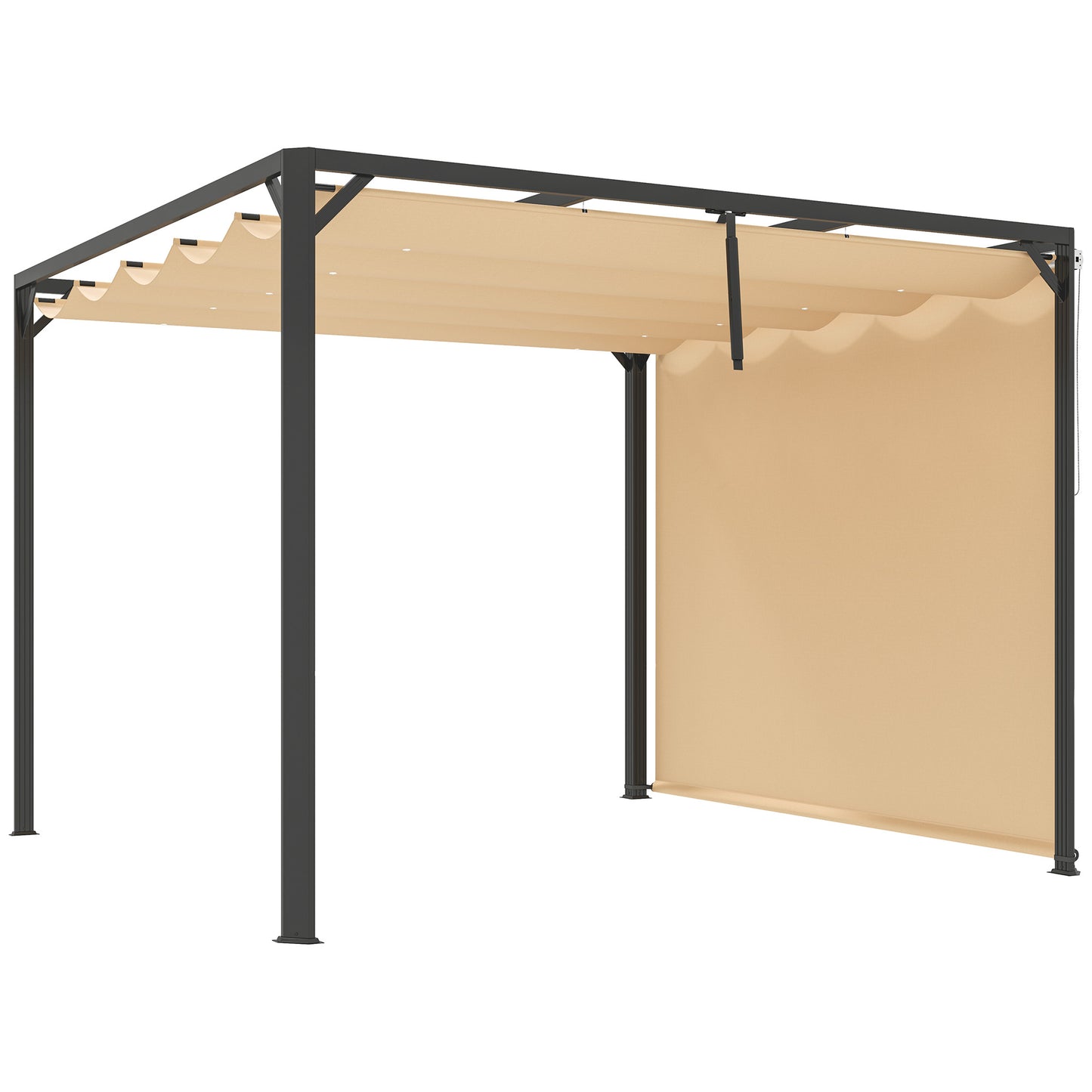 Pergola aluminiowa Outsunny 3 x 3 m z rozsuwanym dachem i ścianą w kolorze khaki