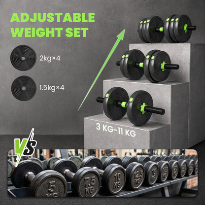 SPORTNOW 15 kg 3-in-1 Adjustable Dumbbell & Barbell Set with EZ Bar, Connecting Rod and Non-Slip Grip for Home Gym, Green