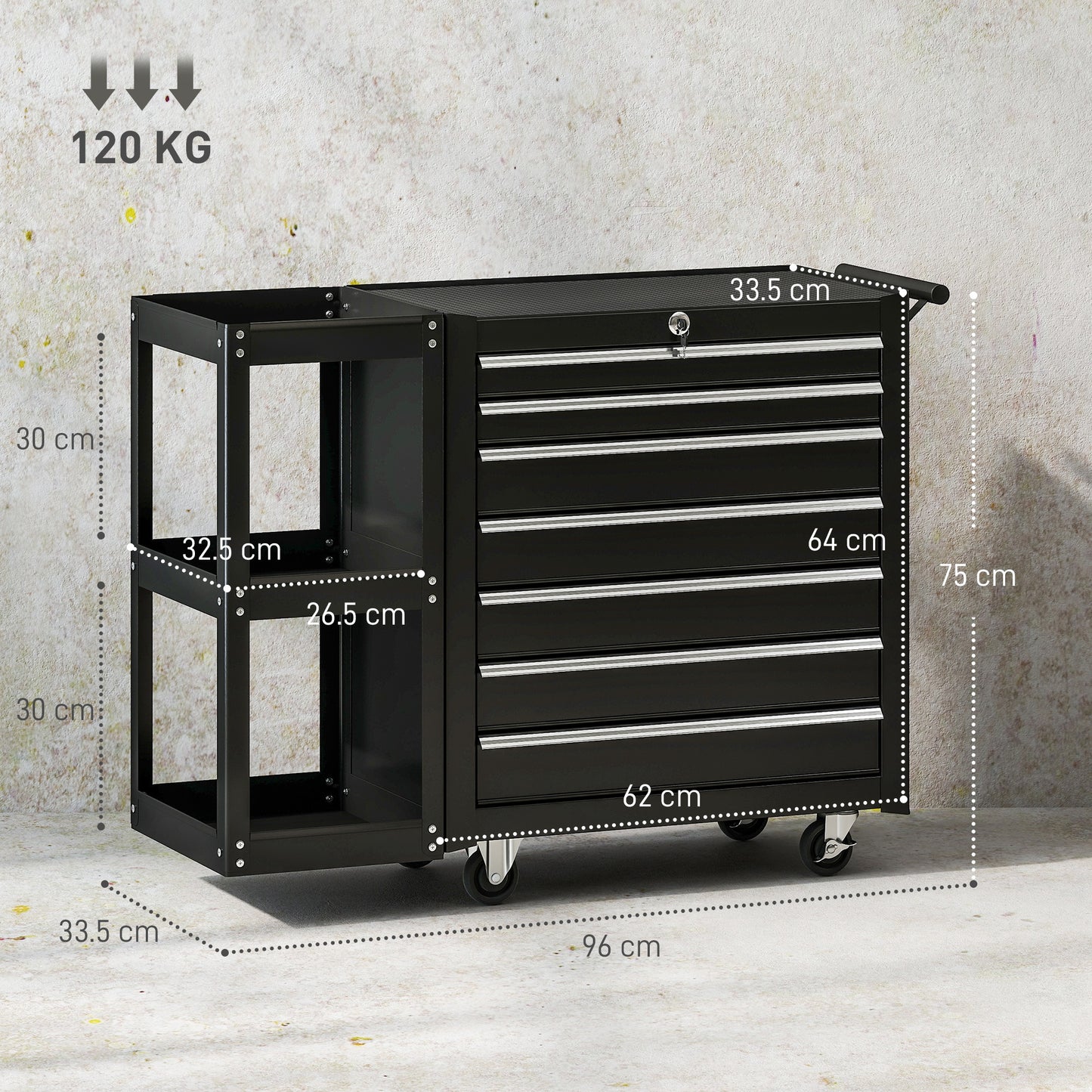 HOMCOM Lockable Steel Tool Chest on Wheels, 7 Drawer Tool Box with Handle for Workshop, Garage, Black