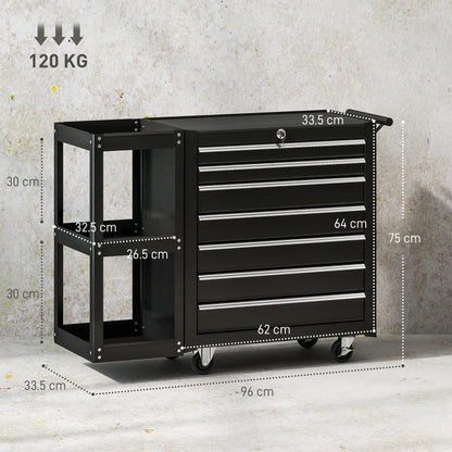 HOMCOM Lockable Steel Tool Chest on Wheels, 7 Drawer Tool Box with Handle for Workshop, Garage, Black