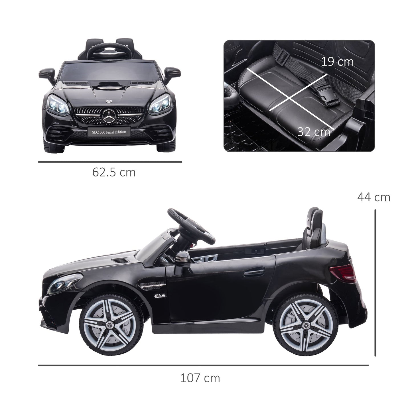 HOMCOM Benz SLC 300 Licensed 12V Kids Electric Ride On, with Music, Remote Control, LED Headlights, Horn, Black