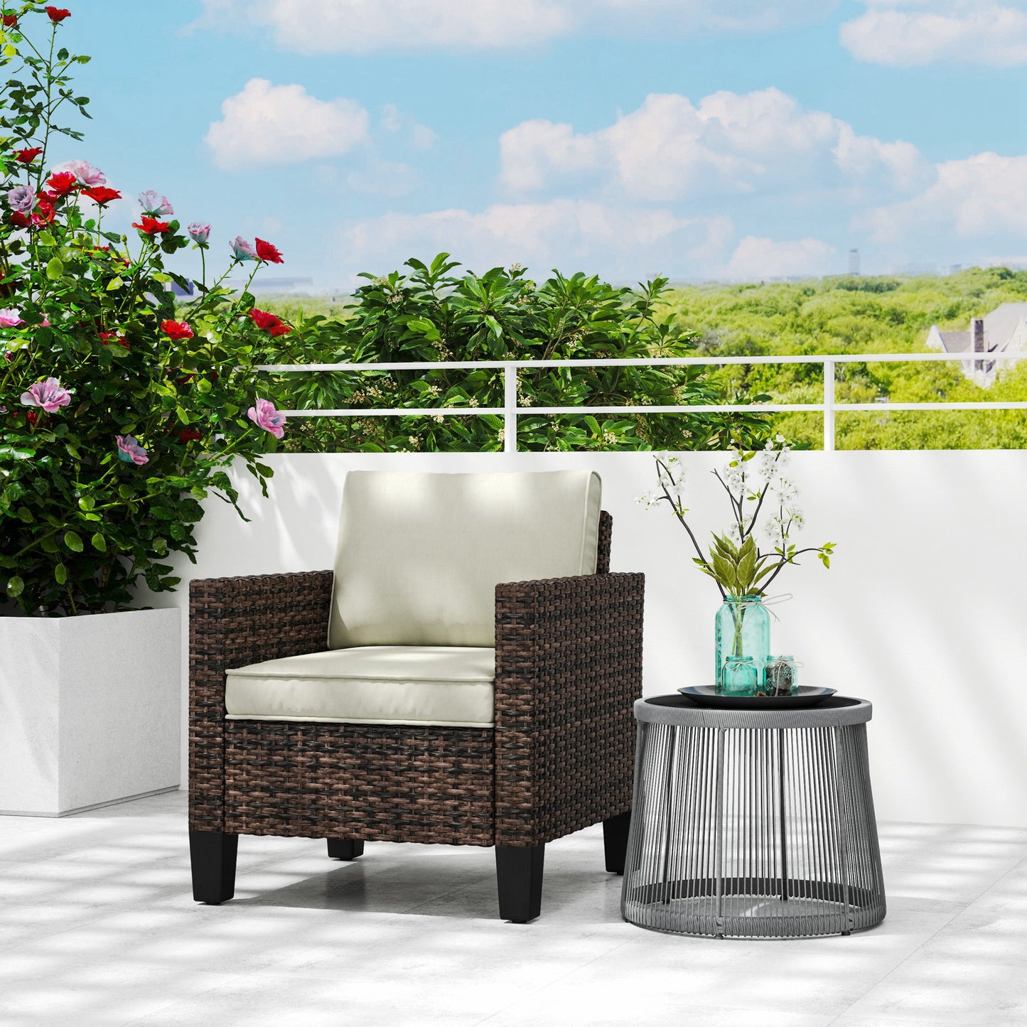 Fotel Outsunny Single Rattan z poduszkami - brązowy