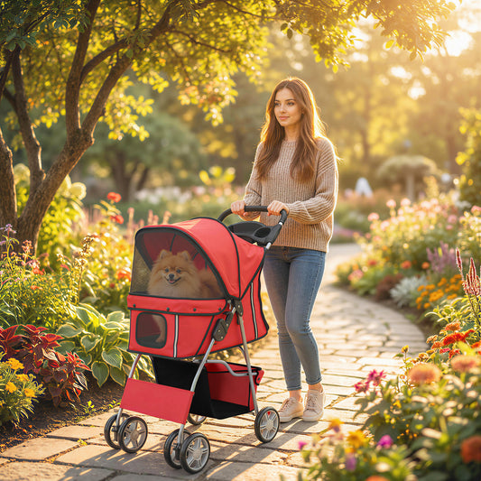 PawHut Dog Pram, Pet Stroller with Reflective Strips, Foldable Cat Stroller with 360Â° Swivel Wheels, Red