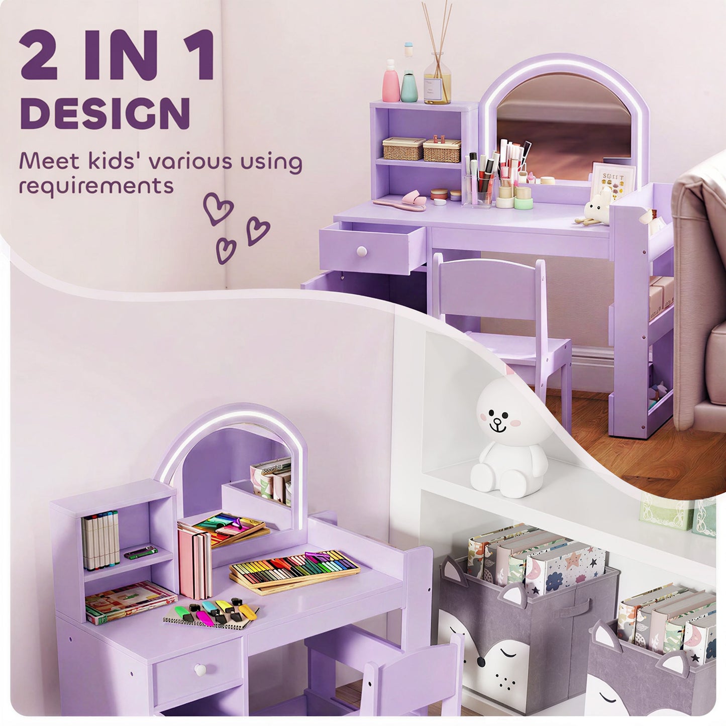 AIYAPLAY Kids Vanity Table and Chair Set, Kids Vanity Table with 2-Colour LED Mirror, Stool, Cabinet, Drawer, Shelves, Purple