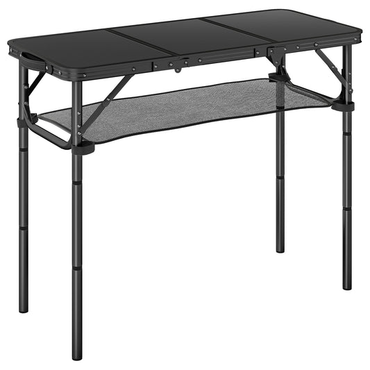 Outsunny 3ft Folding Camping Table, Picnic Table with Mesh Storage Layer, Carrying Bag and Metal Frame, Black
