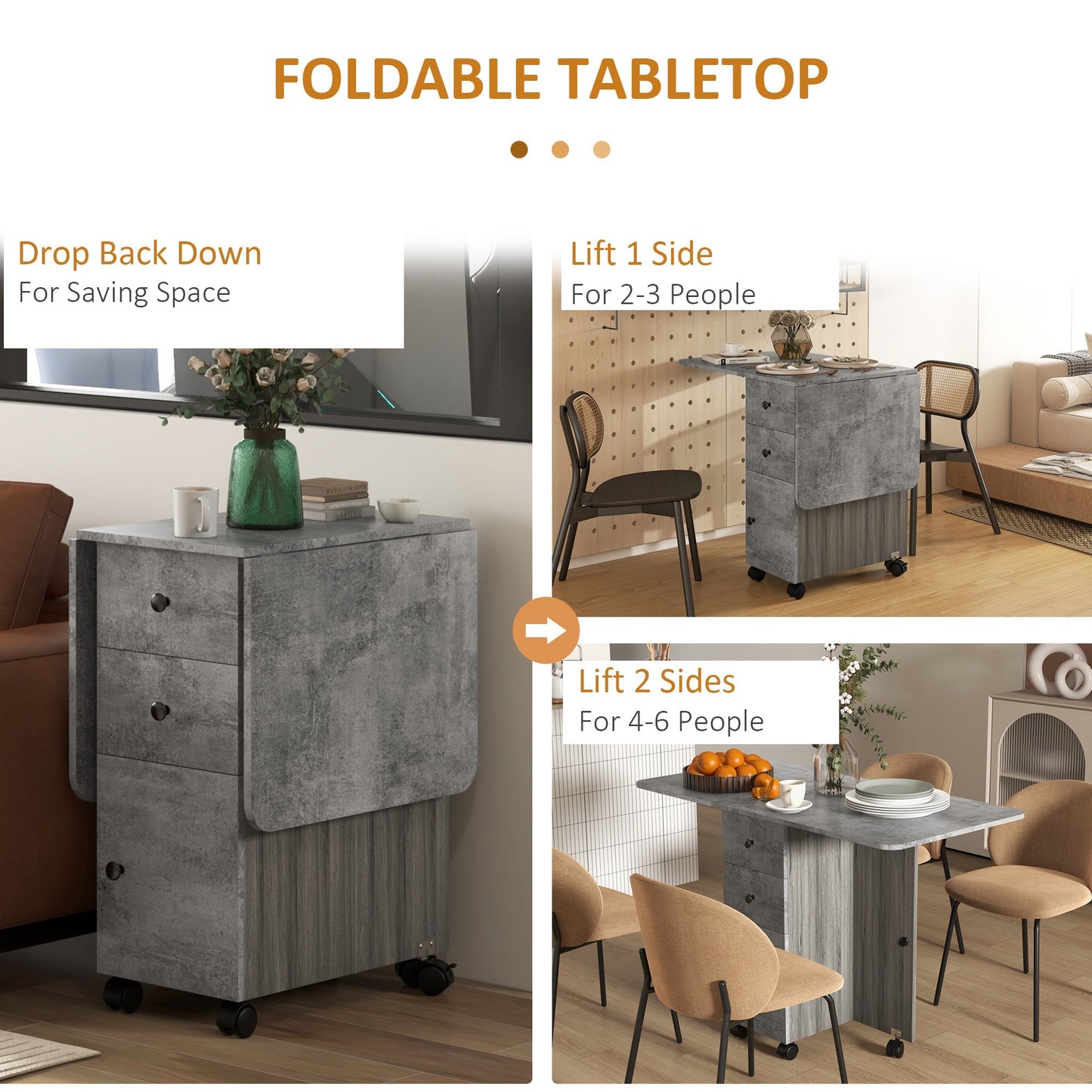 Retro Style Design Foldable Dining Table, Drop Leaf Table with Drawers and Storage Cabinet