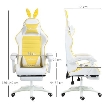 Vinsetto Racing Gaming Chair, Reclining PU Leather Computer Chair with Removable Rabbit Ears, Footrest, Headrest and Lumber Support, Yellow