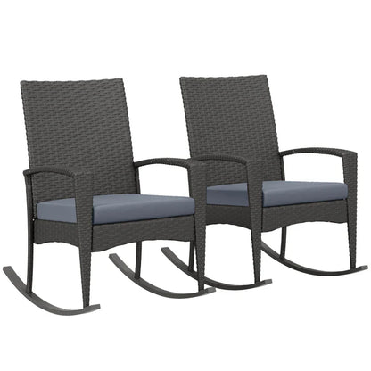 Outsunny Outdoor PE Rattan Rocking Chair Set of 2, Garden Rocking Chair Set with Armrest and Cushion, Grey