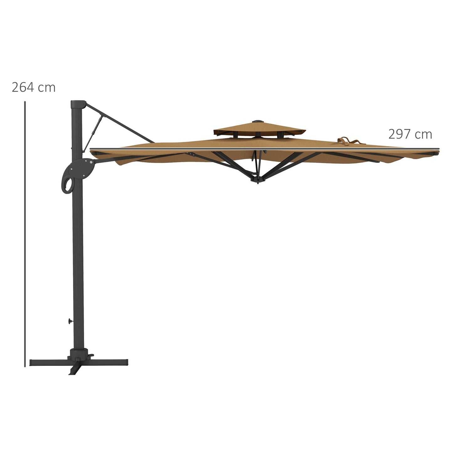 Outsunny Garden Parasol, 3(m) Cantilever Parasol with Hydraulic Mechanism, Dual Vented Top, 8 Ribs, Cross Base, Khaki