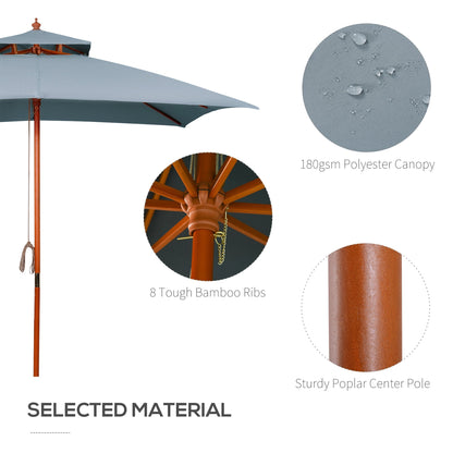 Outsunny 3x3(m) Wood Square Patio Umbrella Garden Market Parasol Sunshade Canopy with 2 Pulley Pagoda Style Dark Grey