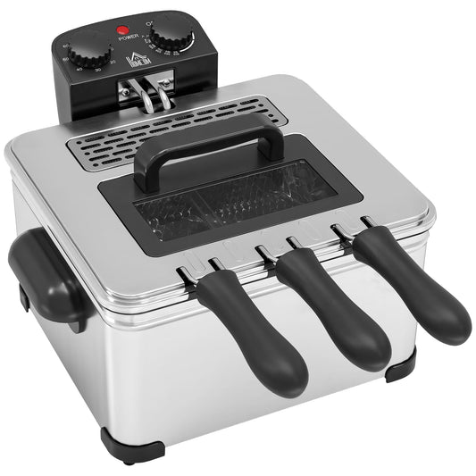 HOMCOM 5 Litre Deep Fat Fryer with Adjustable Temperature & Timer, 2000W Stainless Steel Deep Fryer with Removable Oil Basket and Viewing Window, for Chips Fried Chicken
