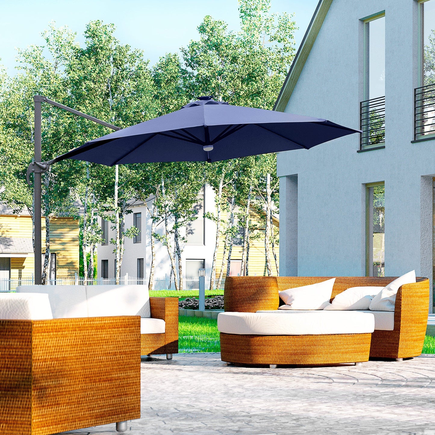 Outsunny 3(m) Cantilever Roma Parasol Garden Sun Umbrella فناء خارجي مع قاعدة متقاطعة من ضوء الشمس LED تدور 360 درجة، أزرق