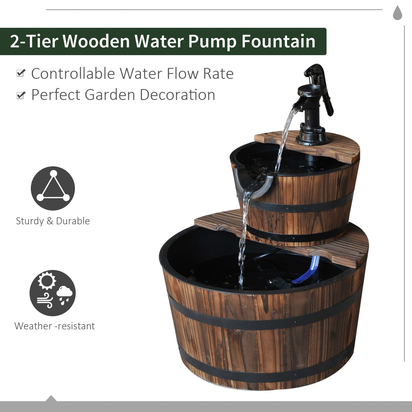 Outsunny Wooden Water Pump Fountain Cascading Feature Barrel Garden Deck (2 Tier)