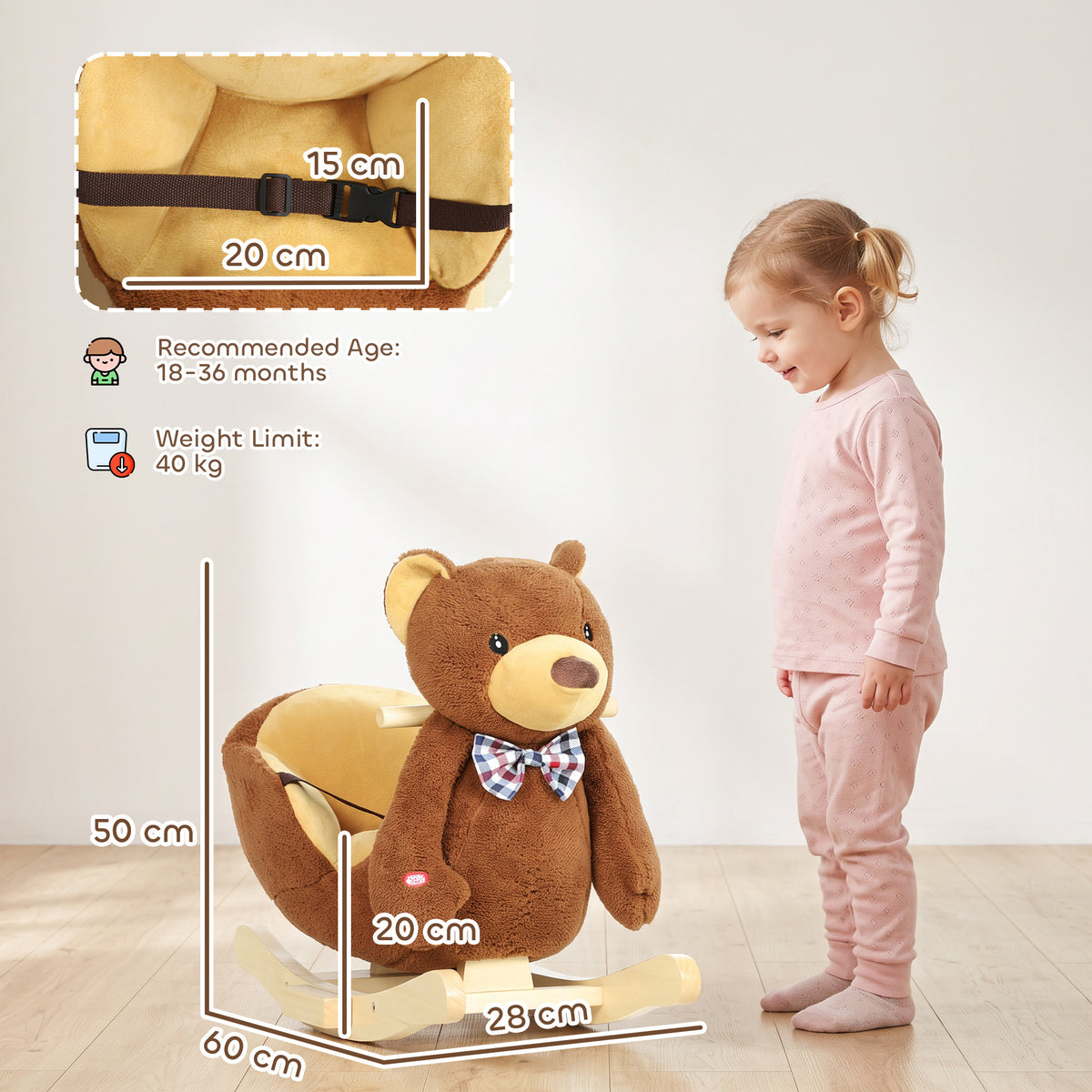 AIYAPLAY Rocking Horse Toy, Cartoon Bear Wooden Ride on Horse with Seat Belt, Music, Pretend Play Toy for Toddlers 18-36 M, Brown