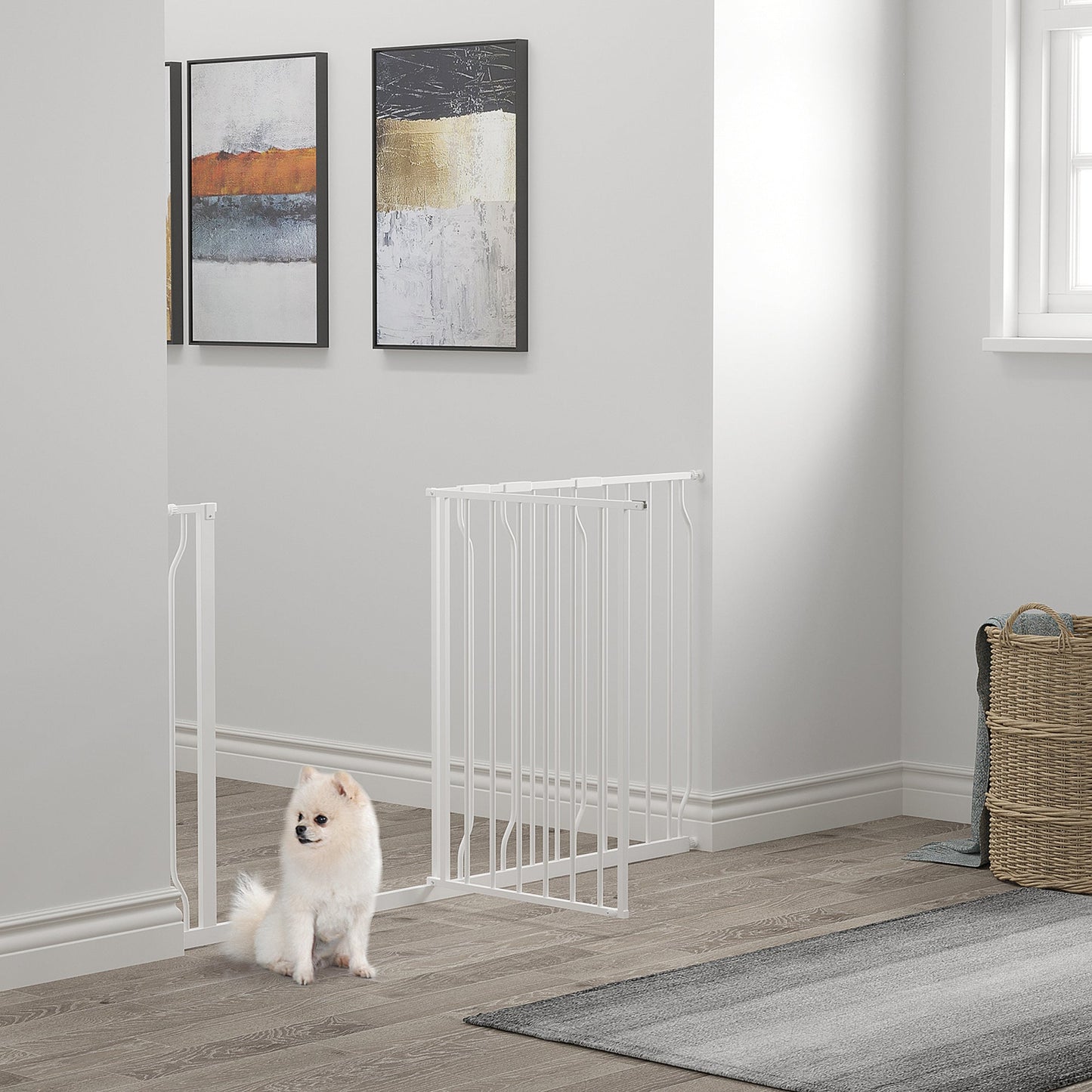 PawHut Dog Baby Gate Extra Wide Stairway Gate for Pet with Door, 76H x 75-145Wcm, White