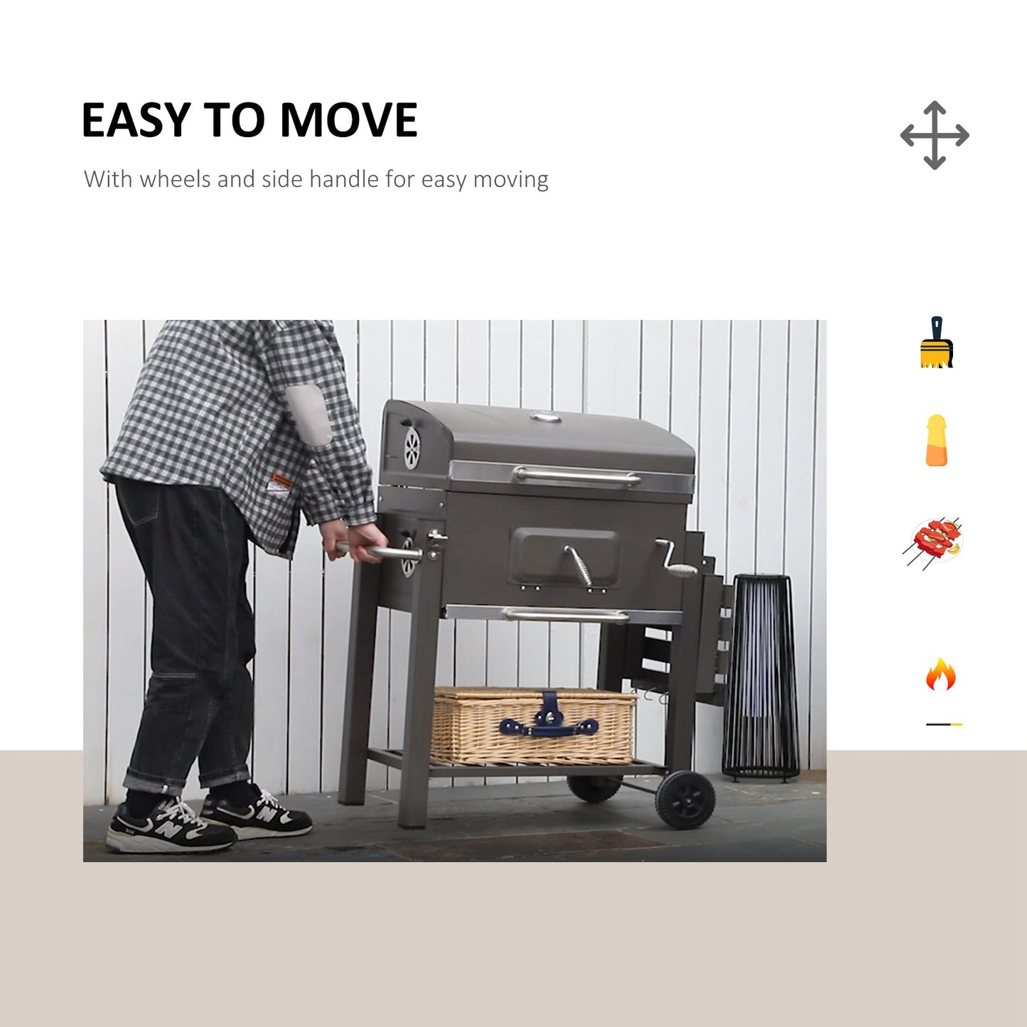 Wózek do grilla Outsunny Charcoal Grill z regulowanym rusztem węglowym, ogrodowy metalowy grill wędzarniczy z półką, stolikiem bocznym, kółkami, wbudowanym termometrem, otwieraczem do butelek