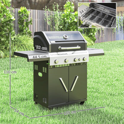 Grill gazowy Outsunny 4+1 z przezroczystą pokrywą, przenośny grill gazowy z wbudowanym termometrem, stolikiem bocznym, szafką, kółkami, tacką na tłuszcz do grillowania na przyjęciach ogrodowych na świeżym powietrzu, czarny