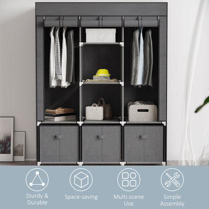 Fabric Wardrobe, Portable Wardrobe with 5 Shelves, 2 Hanging Rails and 3 Fabric Drawers, Foldable Closets, 125 x 43 x 162.5cm, Dark Grey