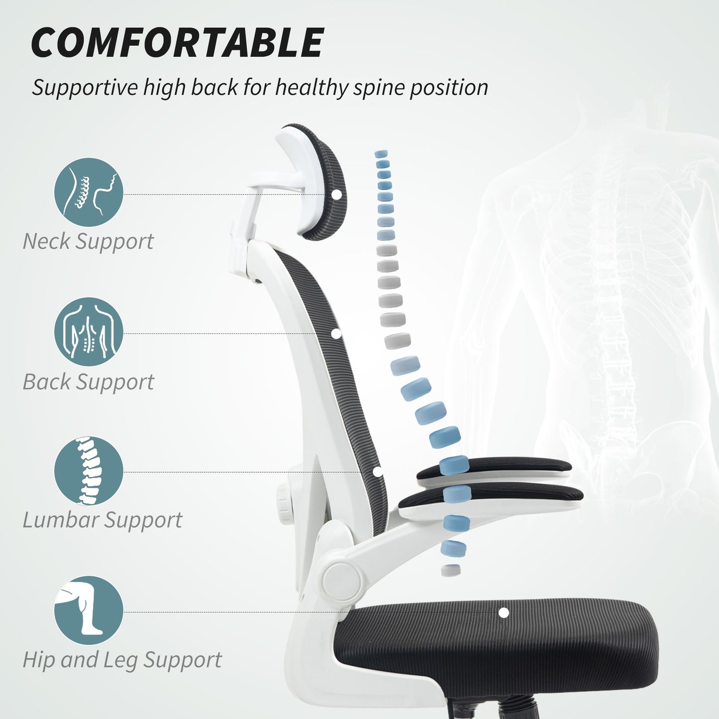 Fotel biurowy HOMCOM Executive, ergonomiczny fotel biurowy z wysokim oparciem i siatką, podnoszonym podłokietnikiem, obrotowym zagłówkiem, regulowanym podparciem lędźwiowym, obrotowy fotel komputerowy do nauki w domu, czarny