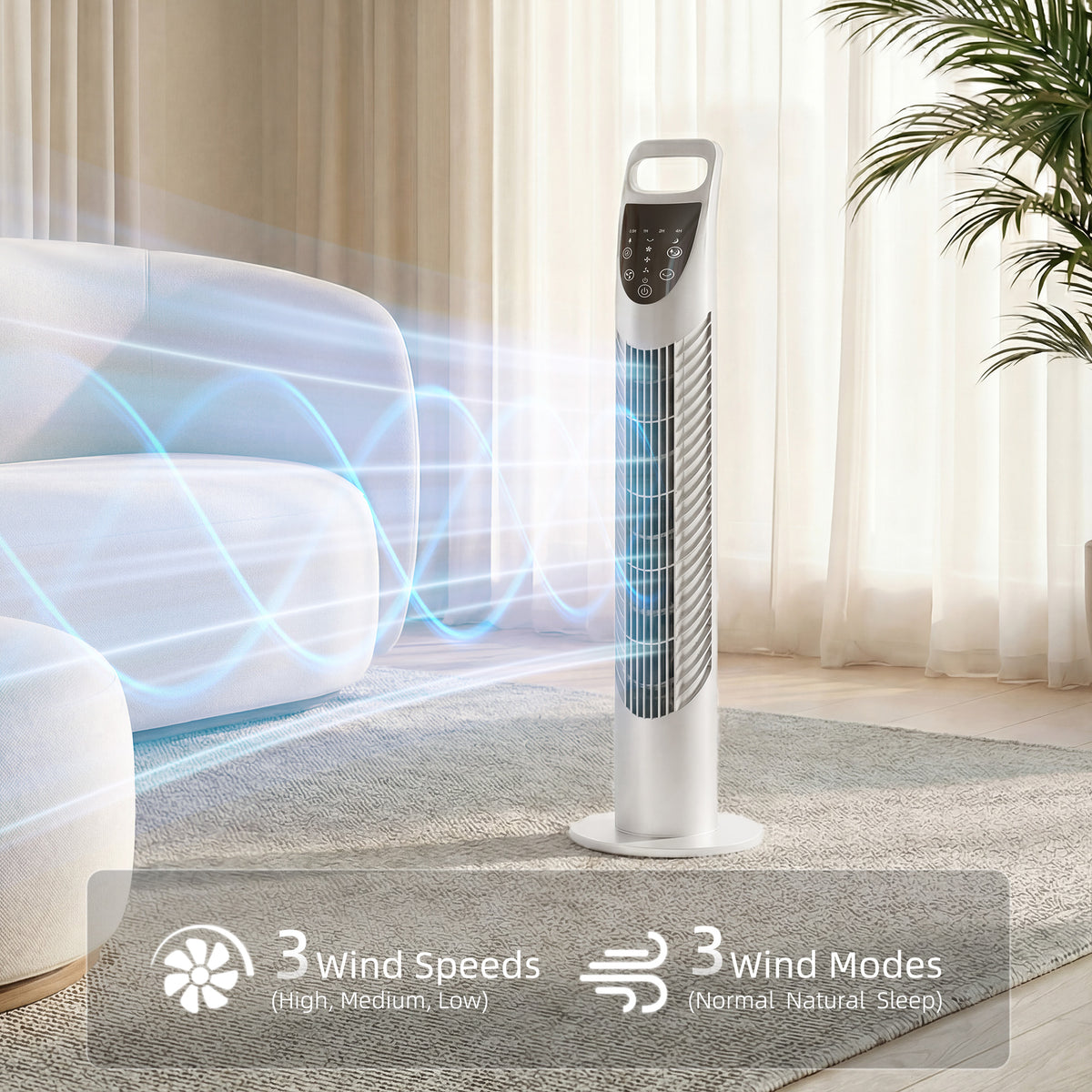 HOMCOM Tower Fan Oscillating 3 Speeds 3 Winds 40W w/ RC Timer Quiet - White