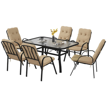 Outsunny 7 Piece Garden Dining Set, Outdoor Dining Table and 6 Cushioned Armchairs, Tempered Glass Top Table w/ Umbrella Hole, Texteline Seats, Beige