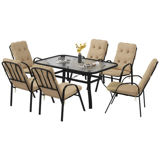 Outsunny 7 Piece Garden Dining Set, Outdoor Dining Table and 6 Cushioned Armchairs, Tempered Glass Top Table w/ Umbrella Hole, Texteline Seats, Beige