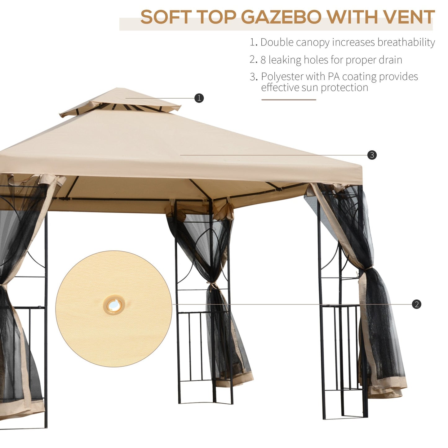 Outsunny 3x3m Garden Gazebo Tent W/Netting, 2-tier Roof