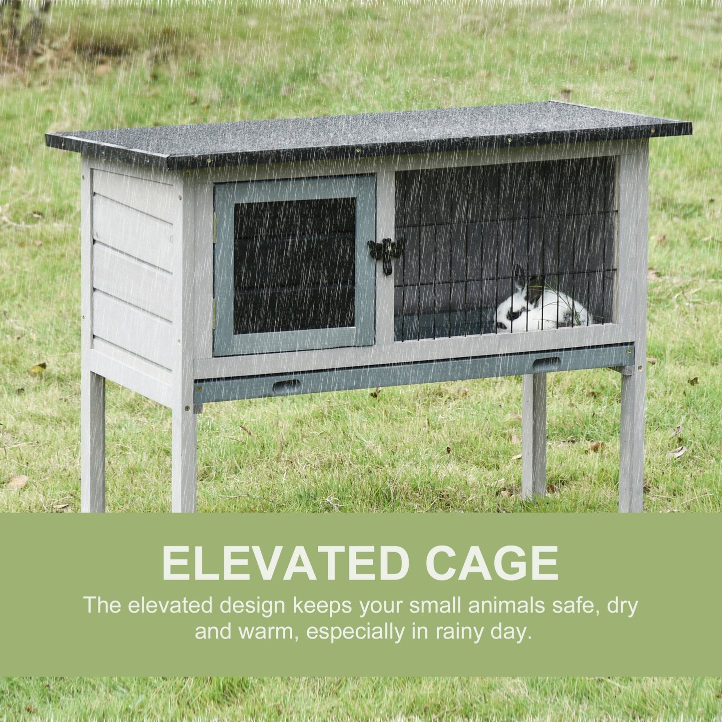 PawHut Elevated Fir Wood Guinea Pigs Hutches Tray Openable Asphalt Roof Outdoor Pet Cage Grey