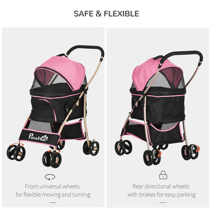 PawHut Detachable Pet Stroller, 3-In-1 Dog Cat Travel Carriage, Foldable Carrying Bag with Universal Wheel Brake Canopy Basket Storage Bag, Pink