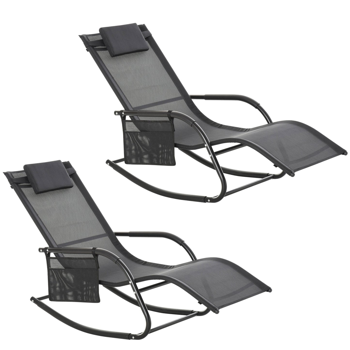 2 Piece Outdoor Garden Rocking Chair Patio Sun Lounger Rocker, Breathable Mesh, Removable Headrest Pillow, Armrest, Side Storage - Black