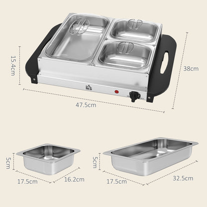 HOMCOM 4.5L Stainless Steel Electric Buffet Server, with 3x Trays and Lids, Set of 2