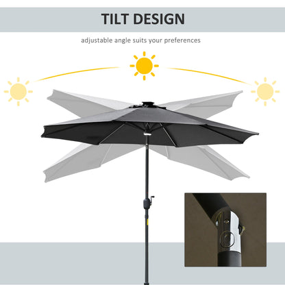 2.7m Garden Parasol Sun Umbrella Patio Summer Shelter w/ LED Solar Light, Angled Canopy Vent, Crank Tilt, Grey