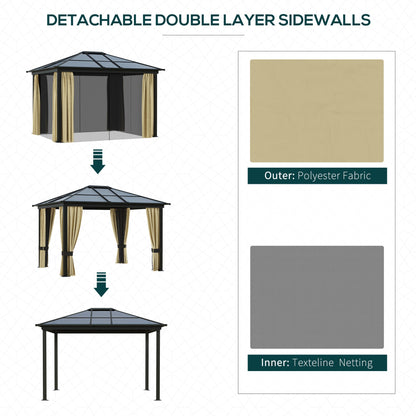 Outsunny 3 x 3.6(m) Hardtop Gazebo Canopy with Polycarbonate Roof and Aluminium Frame, Garden Pavilion with Mosquito Netting and Curtains, Brown