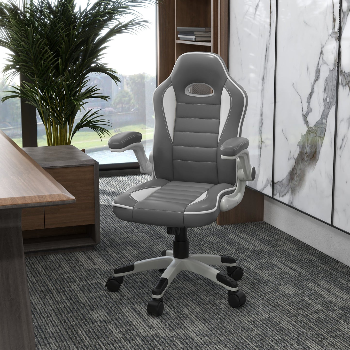 Racing Gaming Chair, PU Leather Computer Desk Chair, Height Adjustable Swivel Chair With Tilt Function and Flip Up Armrests, Grey