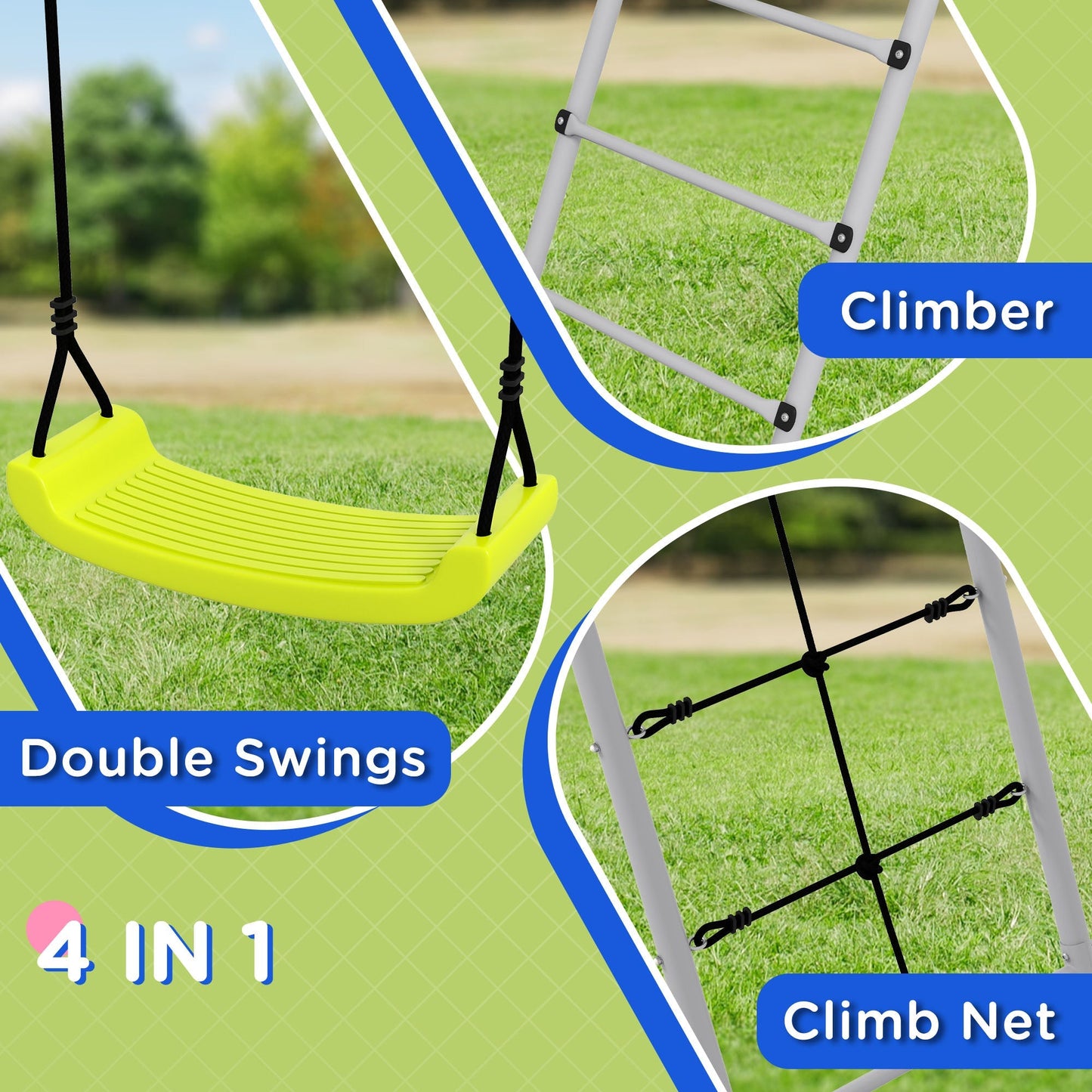 Outsunny 4 in 1 Metal Garden Swing Set with Double Swings Climber Climbing Net Green