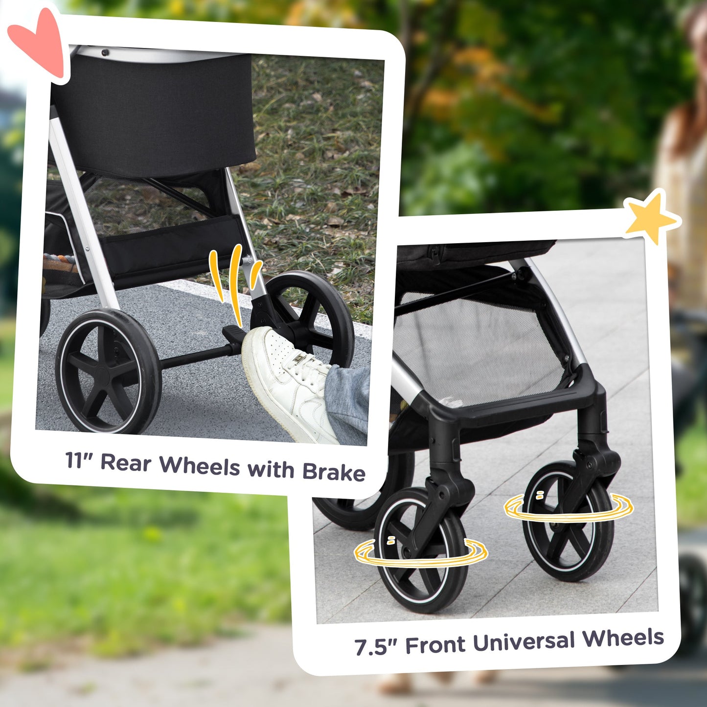 PawHut 3 in 1 One-Click Foldable Pet Stroller, Detachable Dog Cat Travel Pushchair, Car Seat w/ EVA Wheels, Basket, Adjustable Canopy, Safety Leash, Cushion, for Small Pets - Black