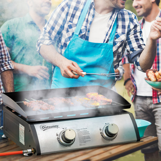 Grill gazowy Outsunny Plancha z 2 palnikami ze stali nierdzewnej, 6 kW, przenośny grill gazowy stołowy z nieprzywierającą płytą grillową na kemping, piknik, przyjęcie ogrodowe, festiwal