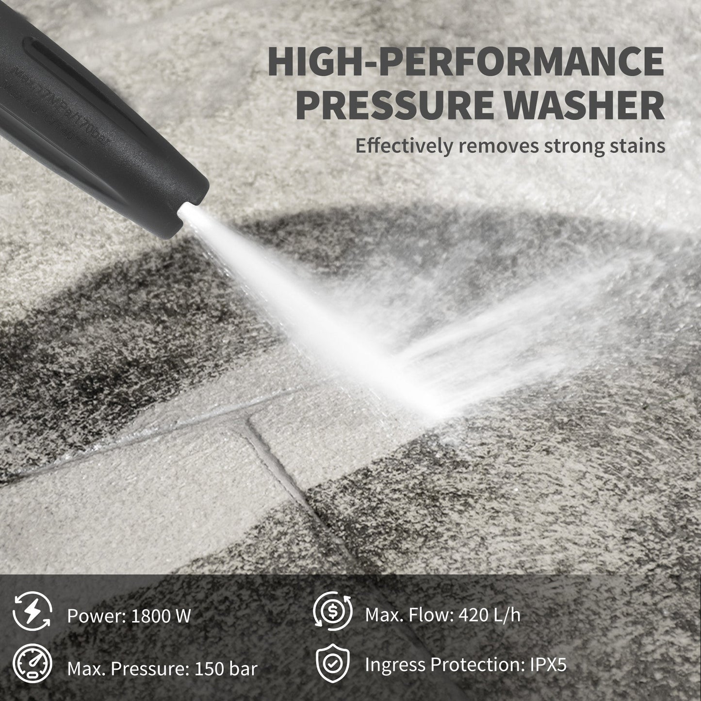 Outsunny 1800W High Pressure Washer, 150 Bar Pressure, 420 L/h Flow, Portable Power Washer Jet Wash Cleaner with Adjustable Nozzle, 6M Hose, Hose Reel, Steel Handle for Home Patio Car Driveway, Green