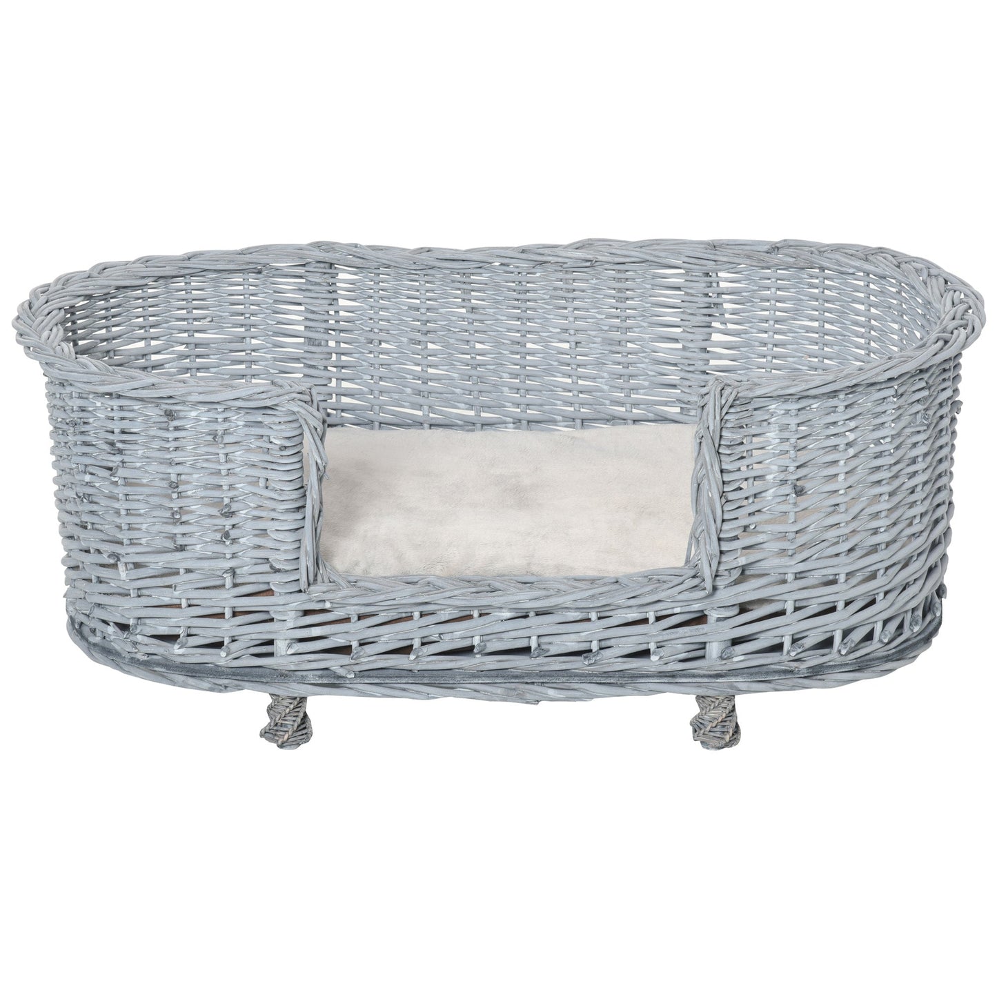 PawHut Wicker Dog Bed Basket Pet Sofa Cat Lounge Furniture with Elevated Base Soft Padded Cushion Grey 92cm X 52cm X 38cm Wiker w/