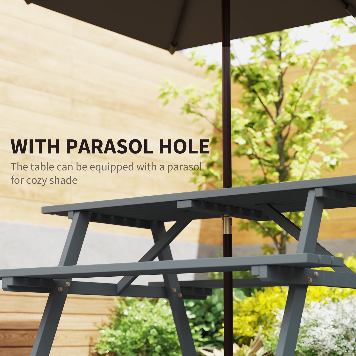Outsunny 6-osobowy drewniany stół piknikowy do ogrodu lub na patio z wycięciem na parasol 150 cm szary