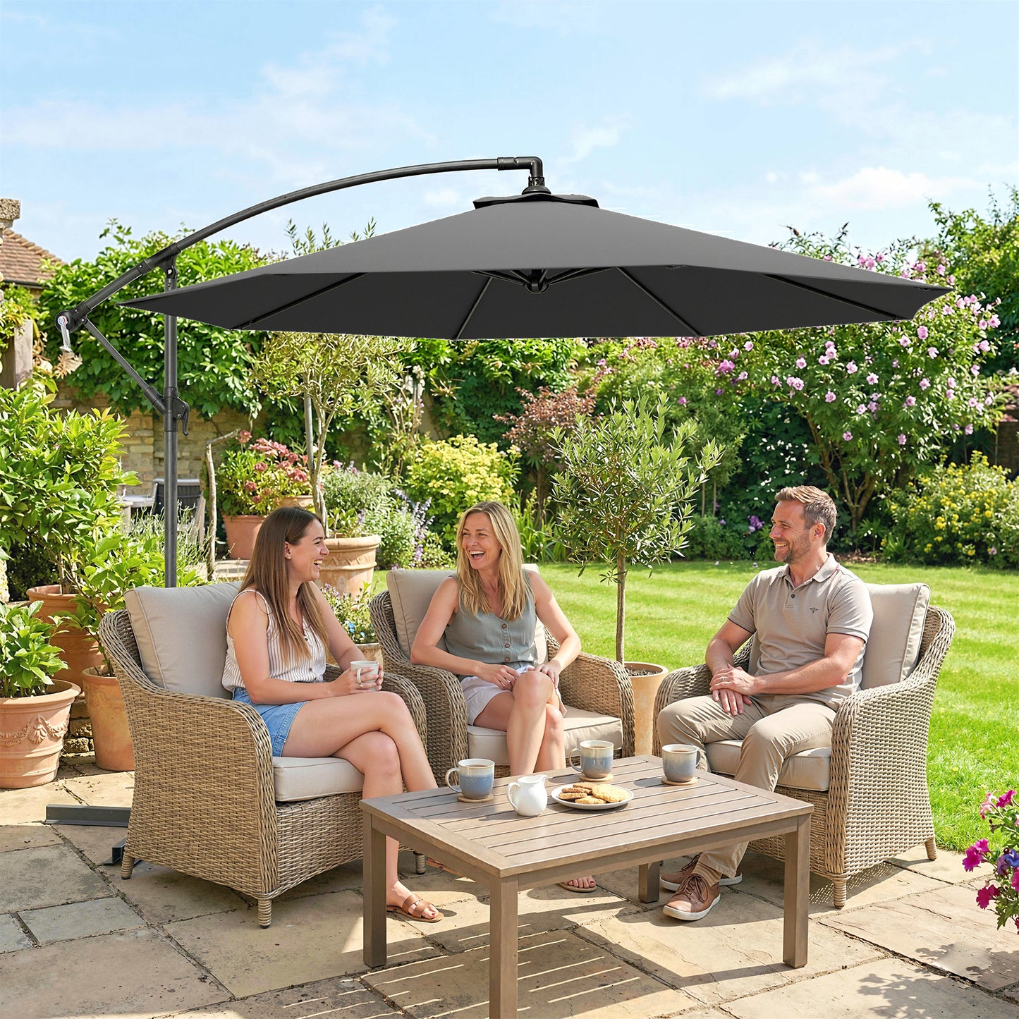 Outsunny 3m Overhanging Cantilever Parasol, with Cross Base - Grey